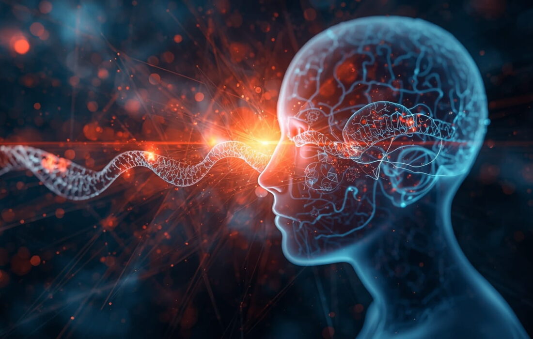 AI-powered robotic hand and human hand reaching toward a glowing DNA double helix strand, symbolizing artificial intelligence and longevity science