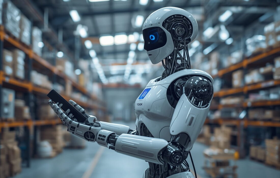 Advanced commercial humanoid robot with realistic human-like movements working alongside humans in a modern 2026 factory warehouse, equipped with advanced AI vision systems, tactile sensors, and flexible actuators, symbolizing the humanoid robotics revolution and future of work
