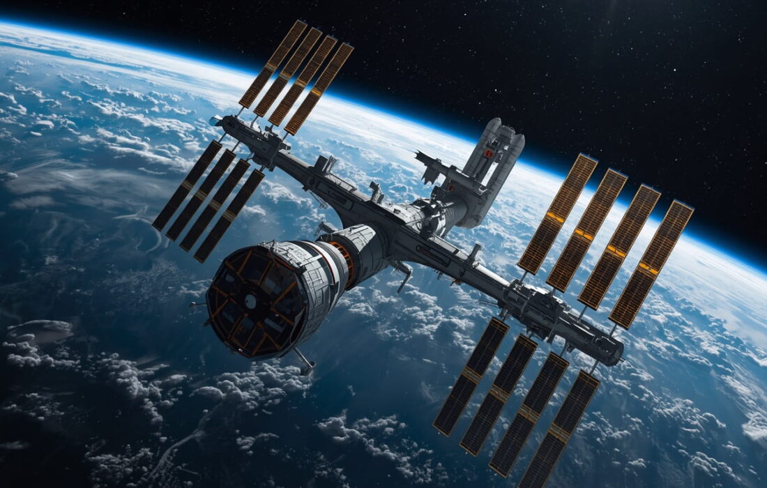 Futuristic commercial space station with expandable inflatable modules, massive solar arrays, and rotating artificial gravity sections orbiting Earth at sunrise, symbolizing the rise of private orbital commerce and zero-gravity innovation in 2026
