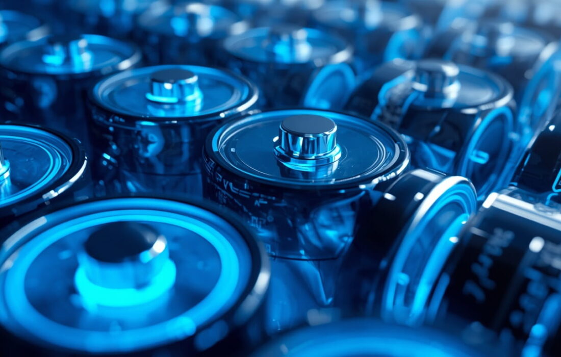 Close-up view of advanced sodium-ion battery cells with glowing blue electrolyte and layered cathode materials, representing the future of sustainable energy storage and electric vehicles