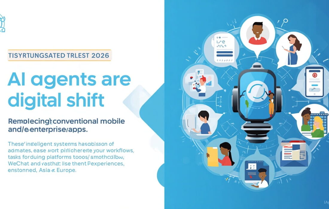 AI agents replacing traditional mobile apps with intelligent autonomous systems in 2026 showing futuristic digital transformation