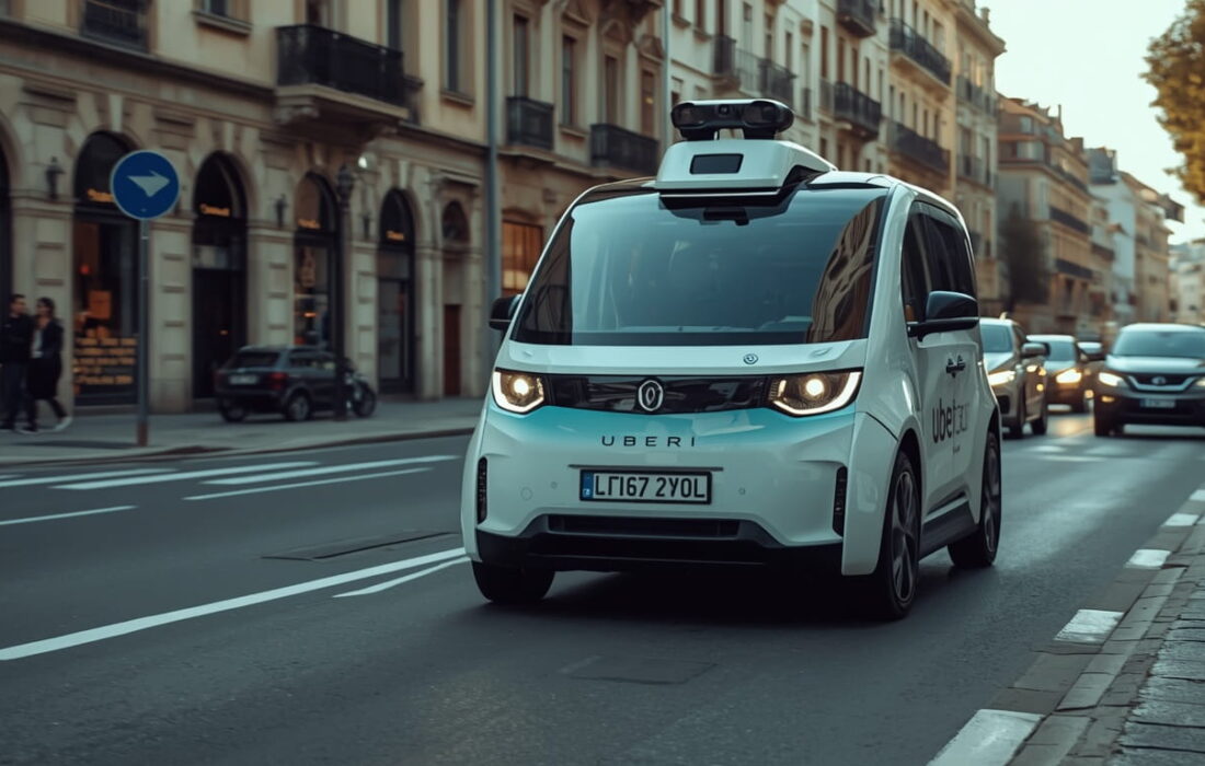 Uber robotaxi driving autonomously on a European city street in 2026 with no driver behind the wheel