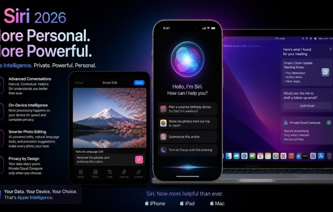 Apple Siri AI 2026 showcasing next-generation Apple Intelligence features on iPhone with advanced conversational assistant and privacy-focused AI